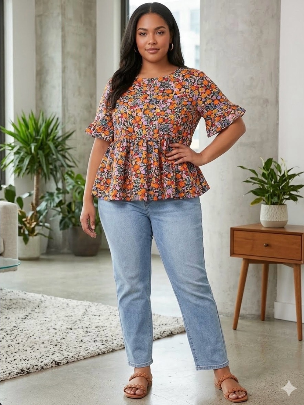 Ditsy Floral Peplum Blouse Flounce Sleeve Boho Multi Top XL / 1X